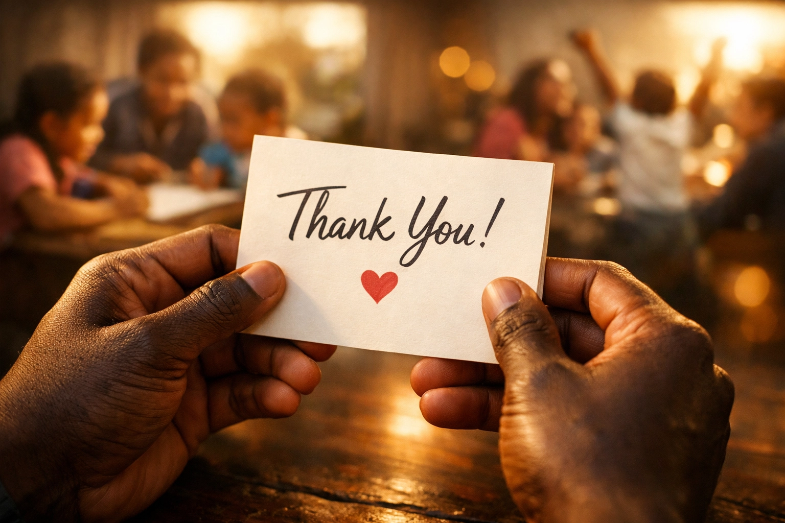 Beneficiary holding handwritten thank you card showing nonprofit donor impact and community transformation