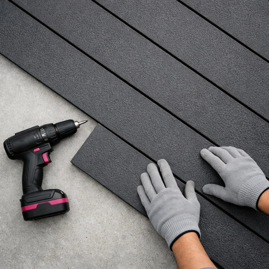 Close-up of durable charcoal recycled plastic panels being installed for a maintenance-free boardwalk.