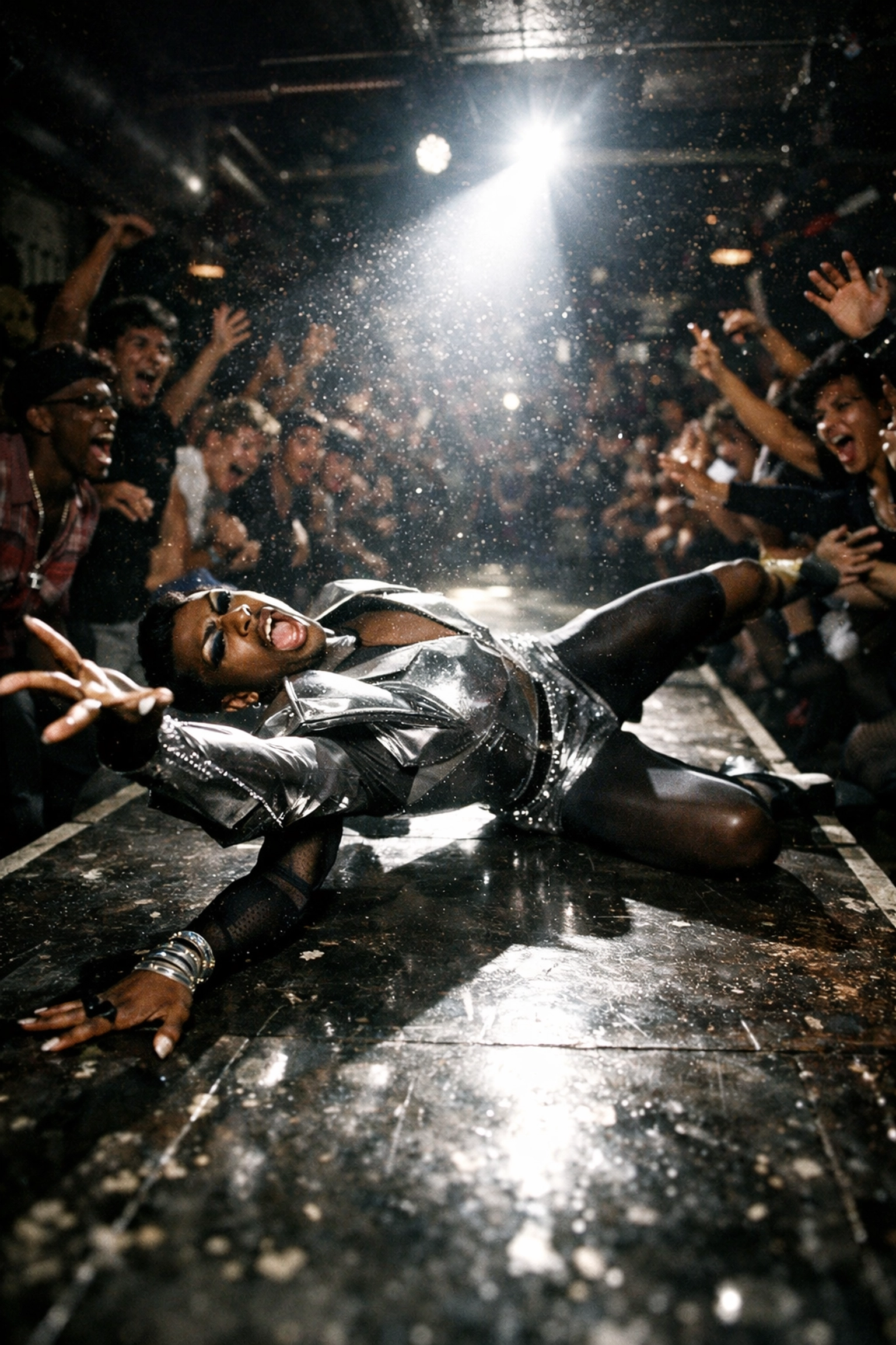 A Black voguer performs a dramatic dip on a 1980s NYC ballroom runway in silver attire.