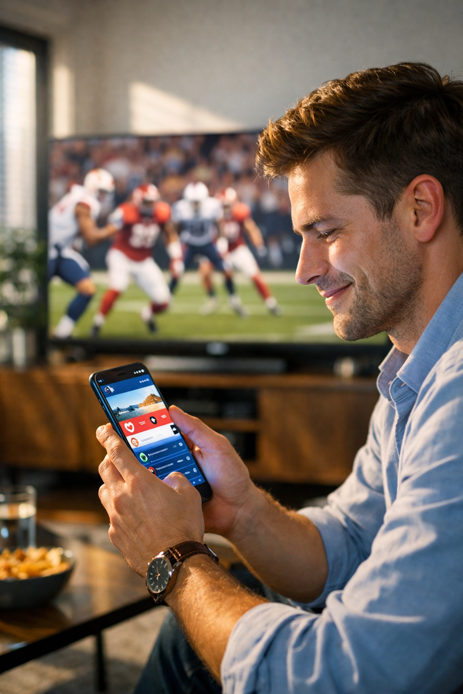 Consumer using a smartphone for second-screen social media engagement during the Super Bowl 2026 broadcast.