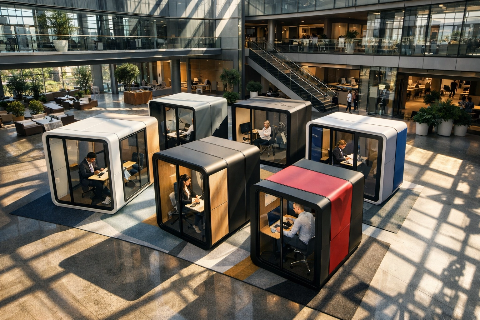 Modular soundproof pods in a corporate innovation hub, offering scalable and modern career workspace solutions.