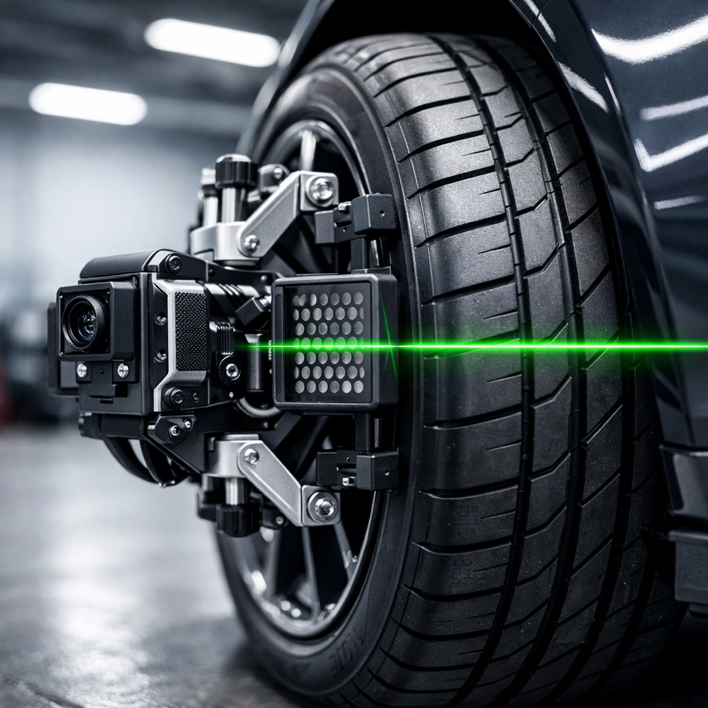 Precision laser wheel alignment sensor performing a high-tech calibration on a vehicle tire.