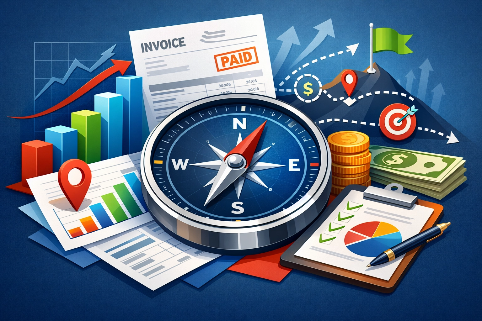 Compass on growth charts representing strategic business funding and navigating 2026 cash flow.