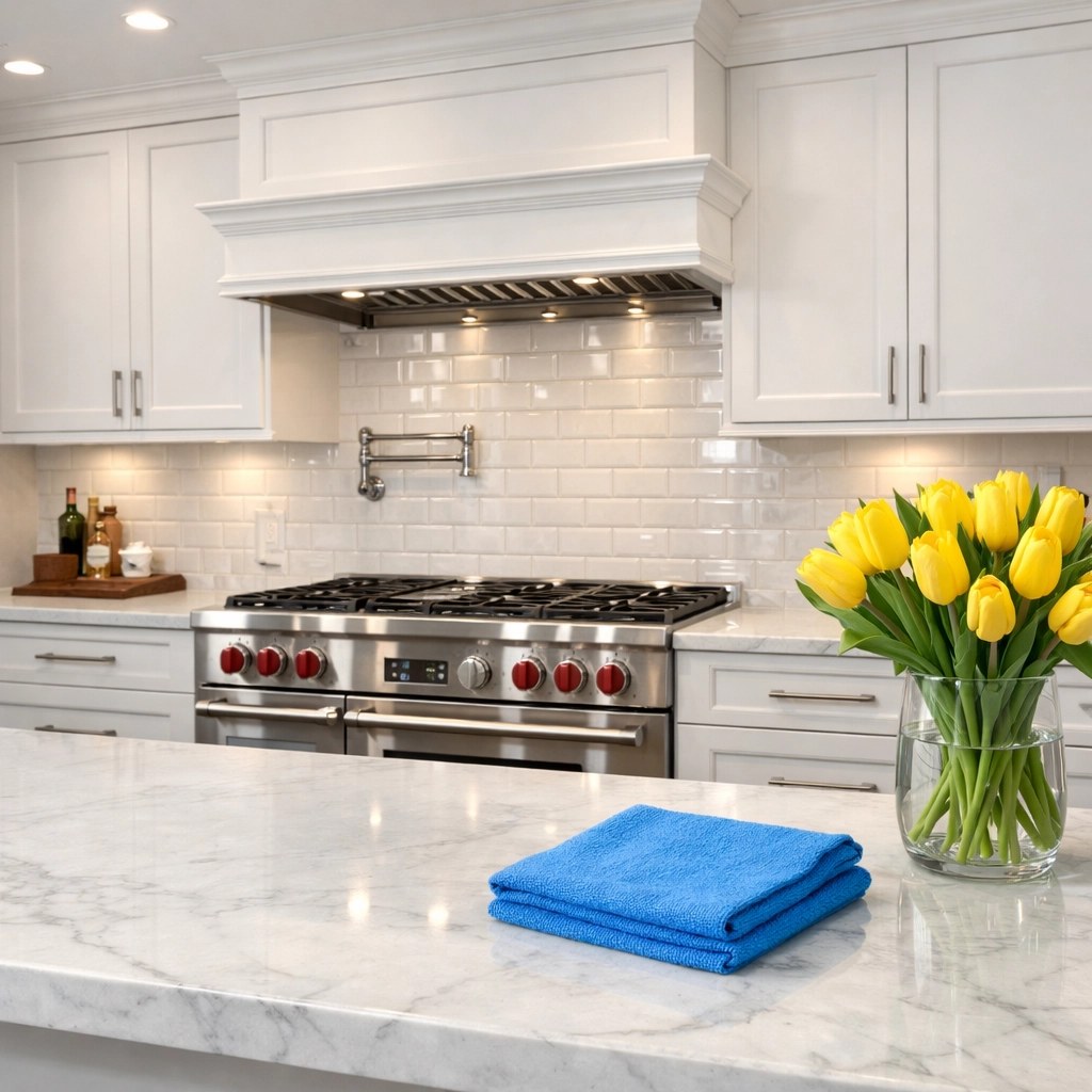 Spotless luxury kitchen with white cabinets and marble counters, showcasing move-in & move-out cleaning in Wellfleet, MA.