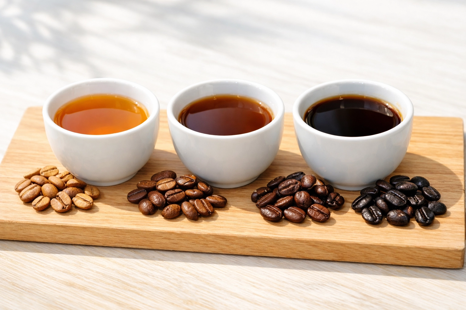 Three cups of light, medium, and dark roast coffee for comparison tasting