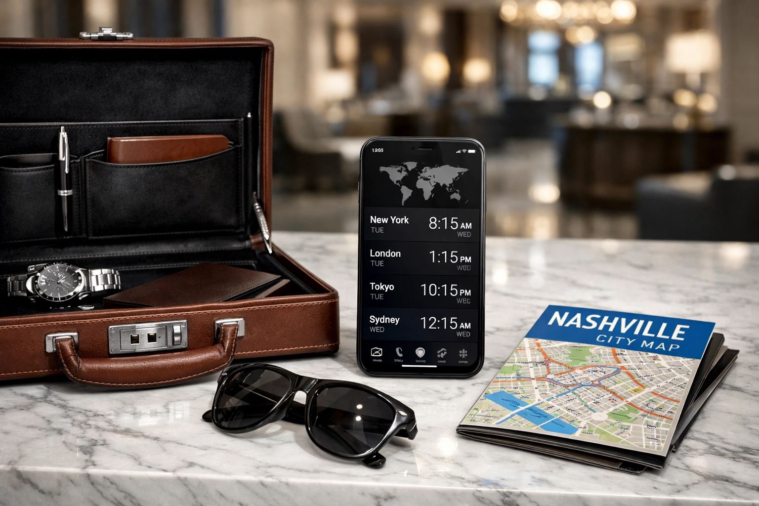 Business traveler gear and world clock in a Nashville hotel, showing global time zone management.
