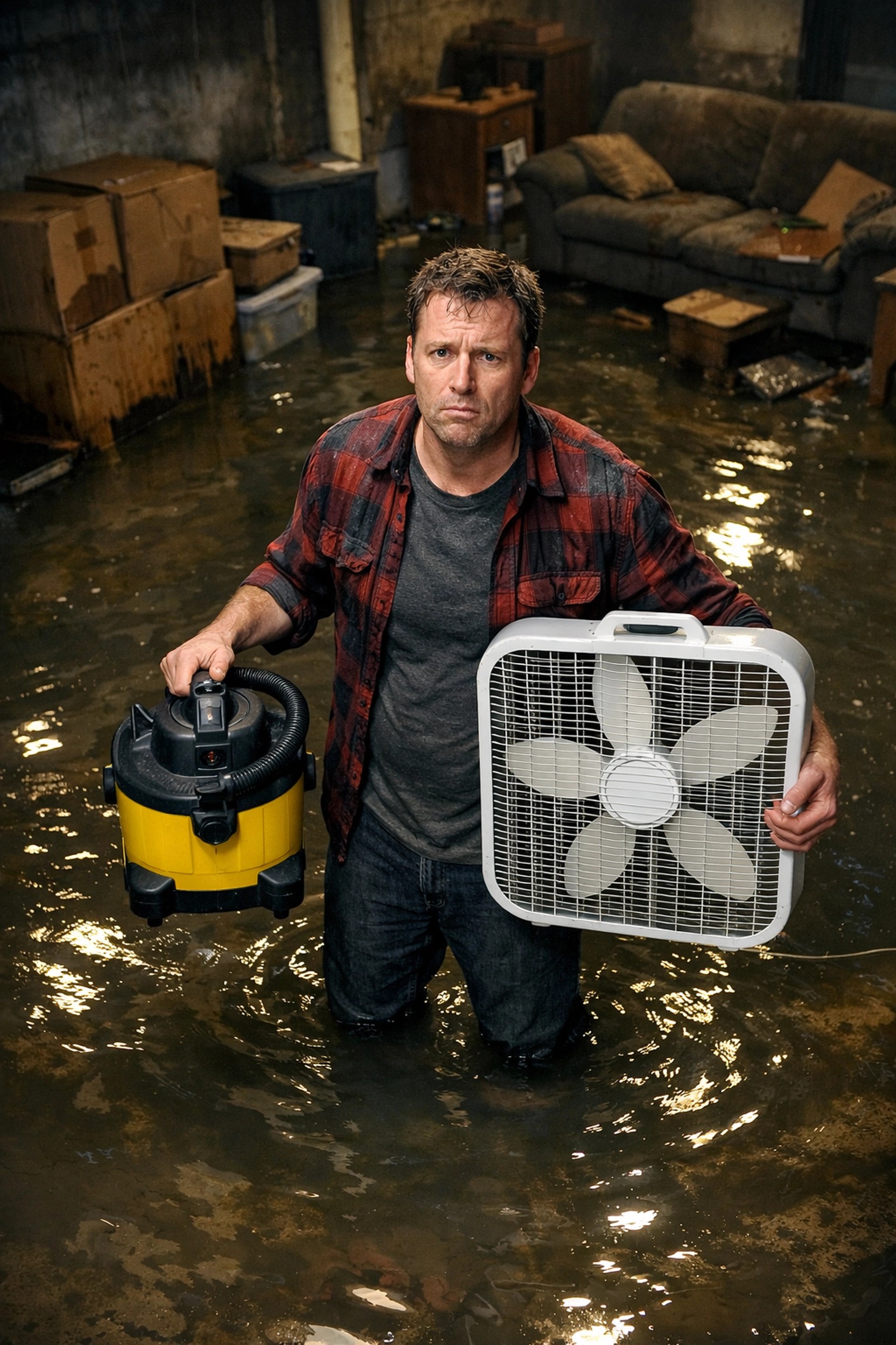 Homeowner attempting DIY water damage cleanup in flooded basement with inadequate equipment