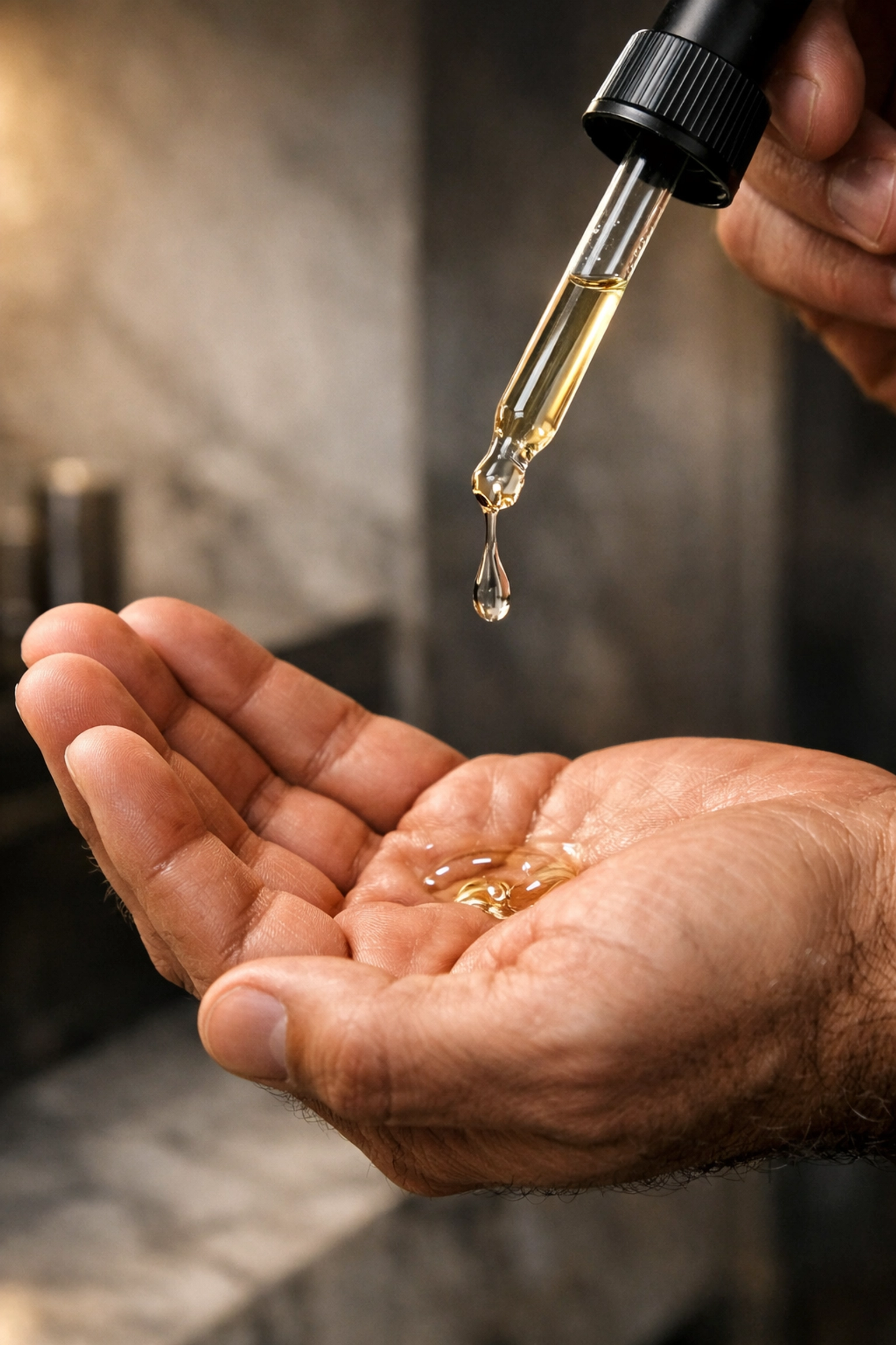 Man applying a drop of fast-absorbing, non-greasy beard oil to his hand.