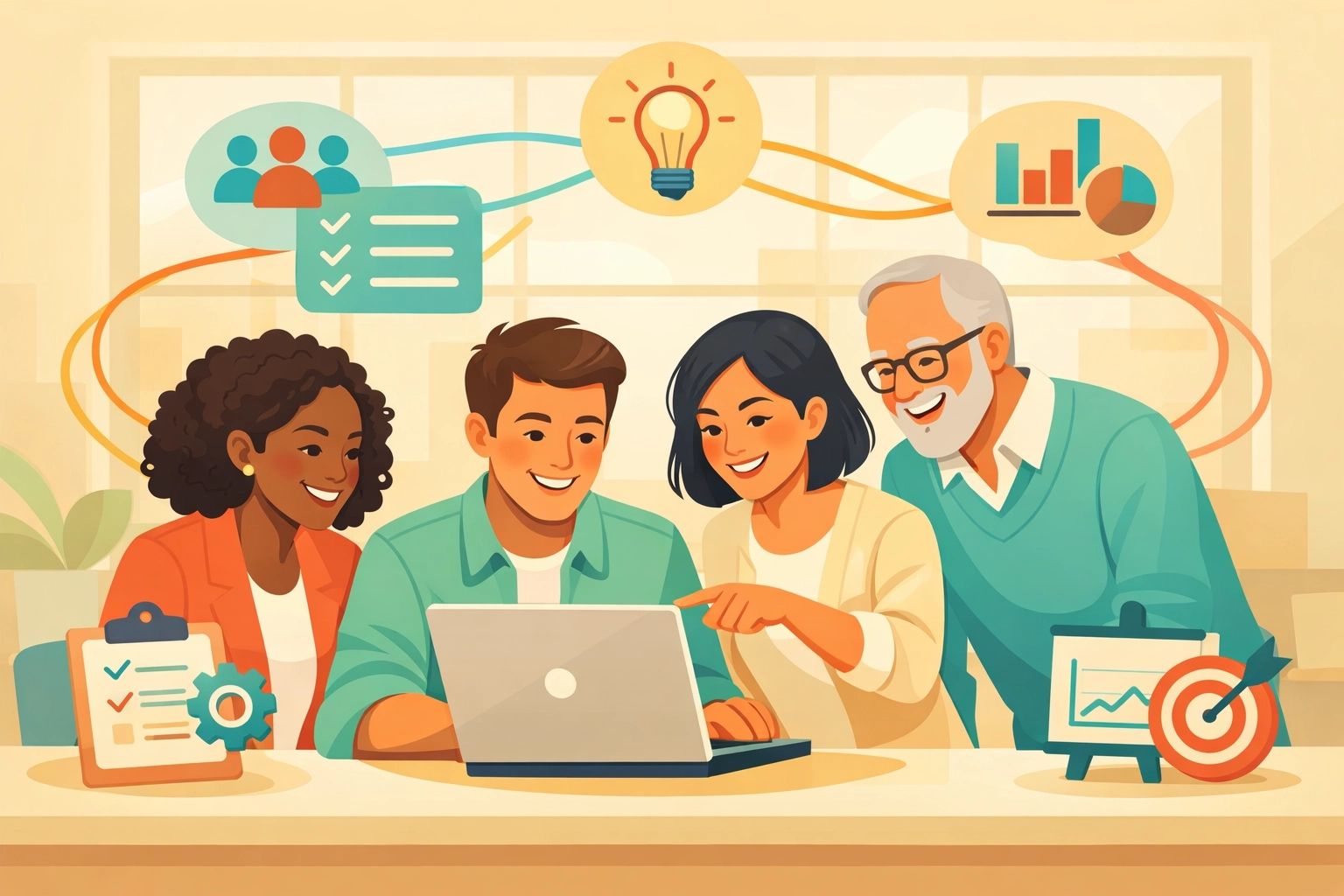 Team collaborating with integrated platform for HR, CRM, and project management