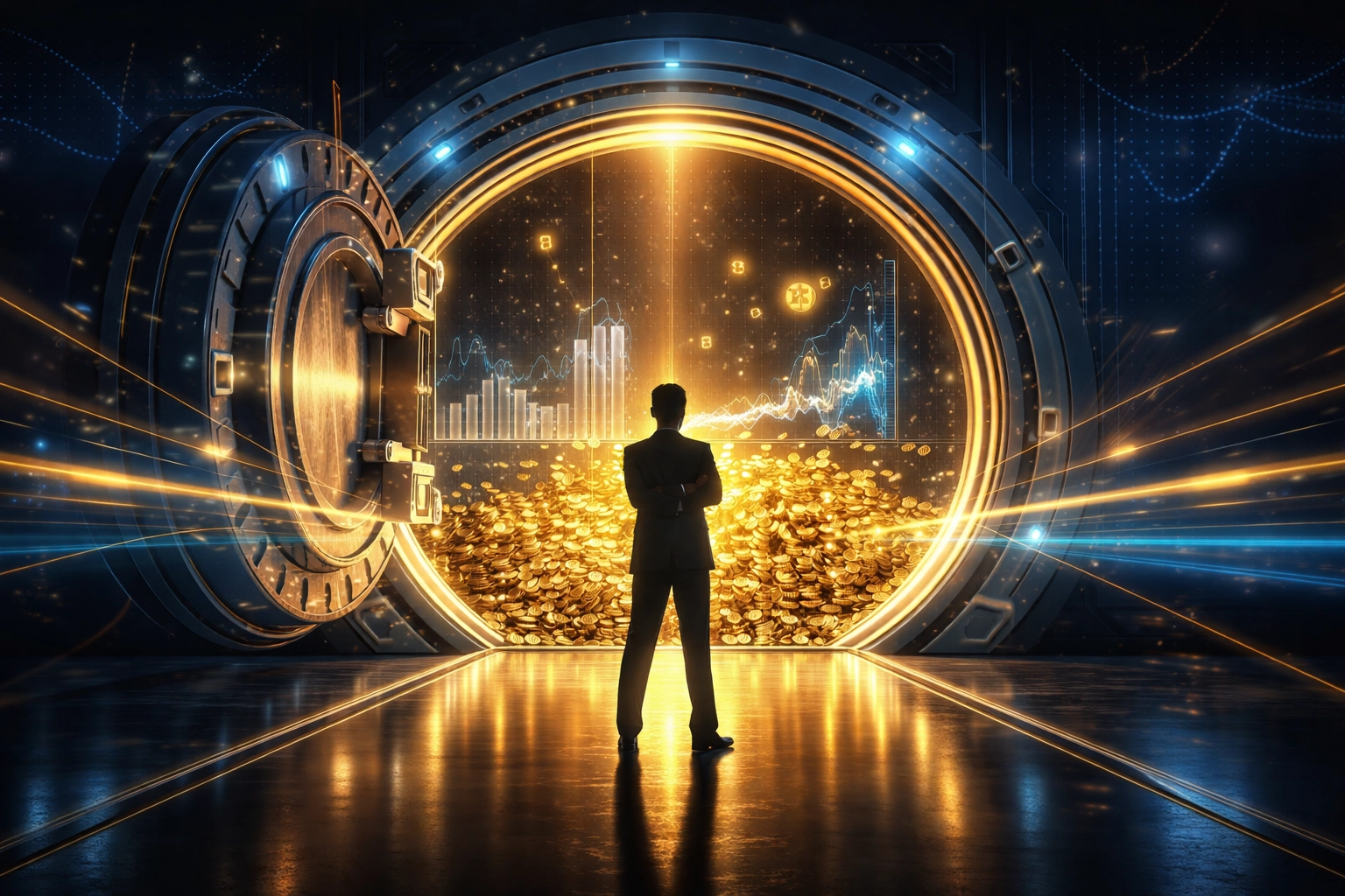 Futuristic vault opening to golden coins and digital charts, symbolizing instant LUSD crypto payments and merchant control