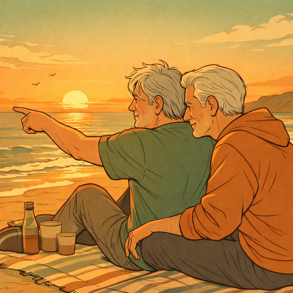 Intimate moment between two mature gay men at sunset beach, discovering love later in life