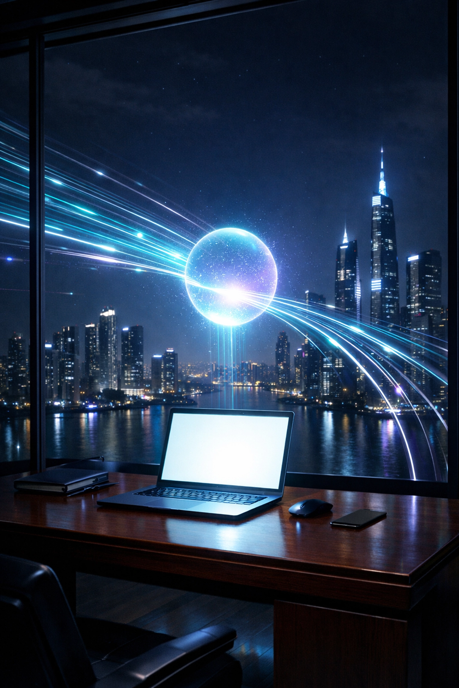 An ai helpdesk running on a laptop at night, symbolizing 24/7 automated support and global scalability.