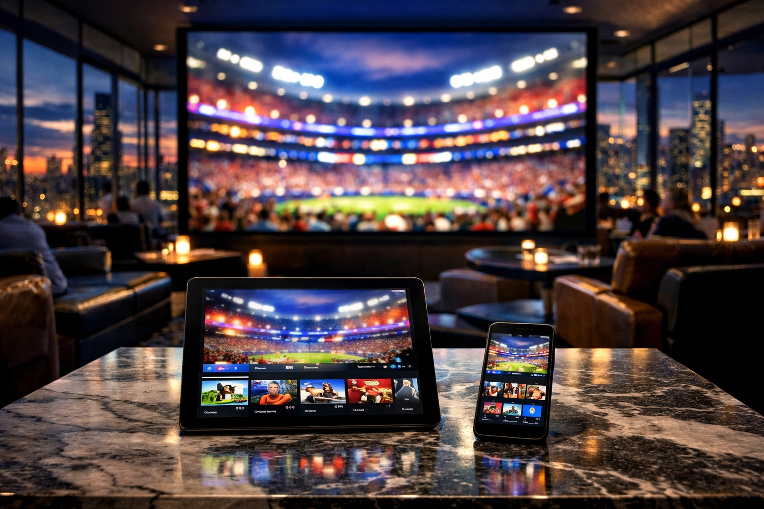 A modern lounge featuring a large screen and mobile devices demonstrating multi-screen viewer engagement.