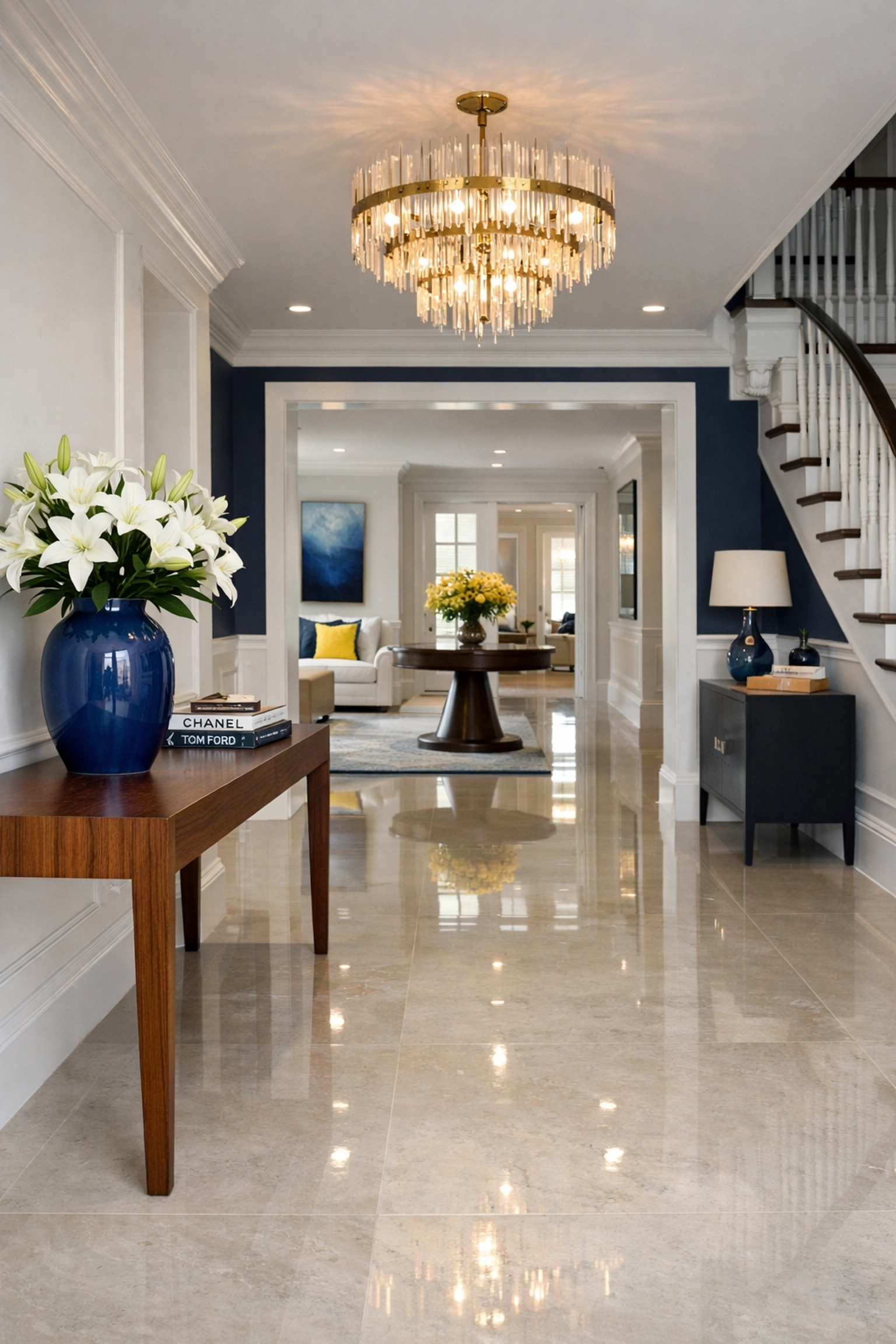 Guest-ready foyer in a Sherborn home featuring polished stone floors and professional luxury cleaning standards.