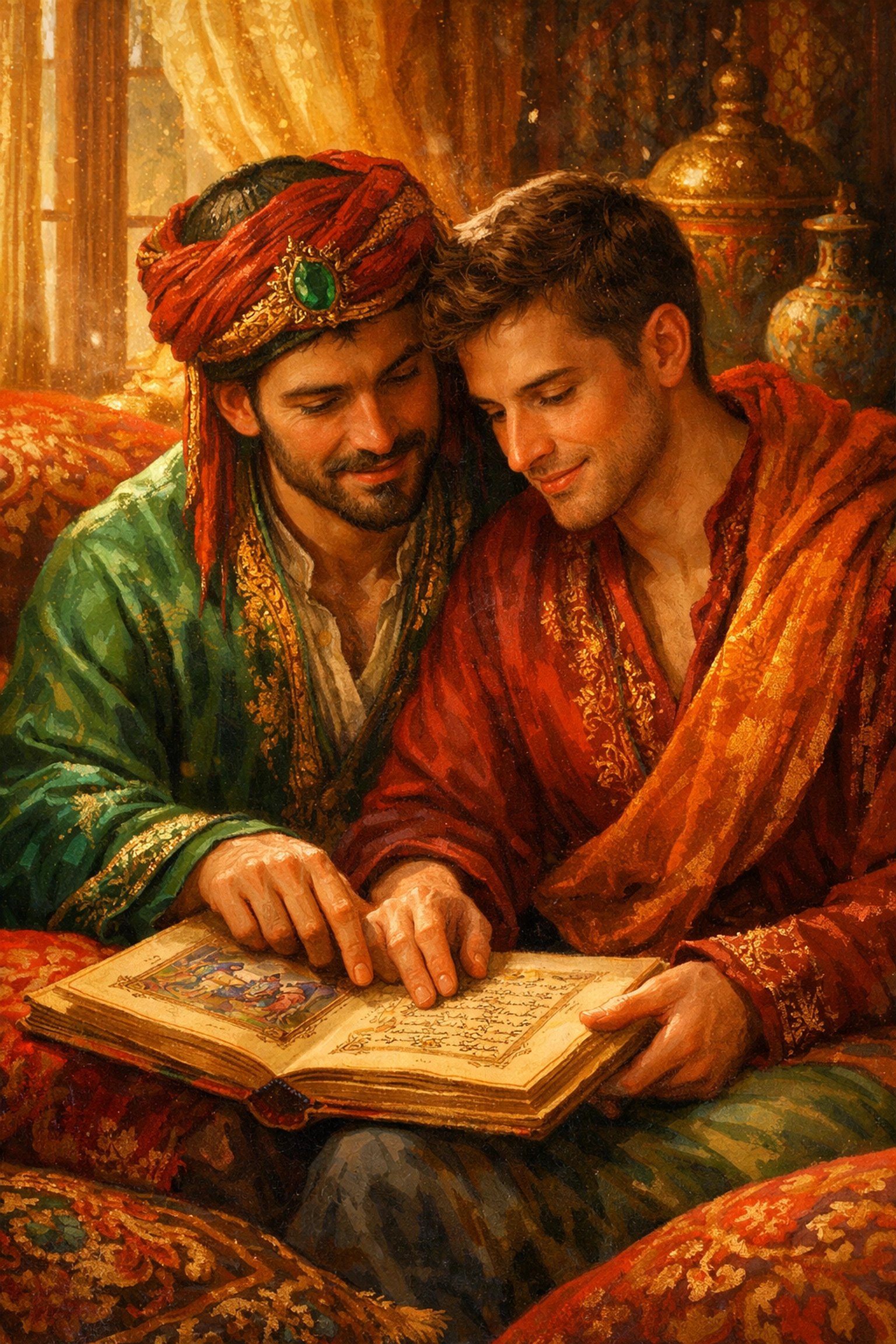 Two men in a lush Ottoman setting share a quiet moment over a book in this historical gay romance.
