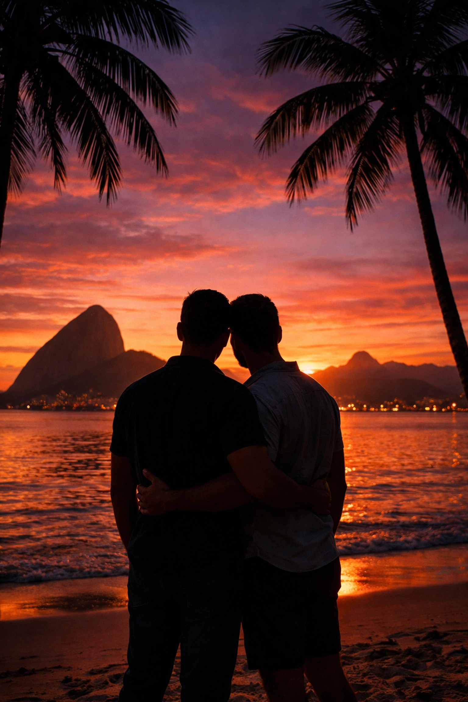 Gay couple embracing at sunset on Rio beach with Sugarloaf Mountain backdrop