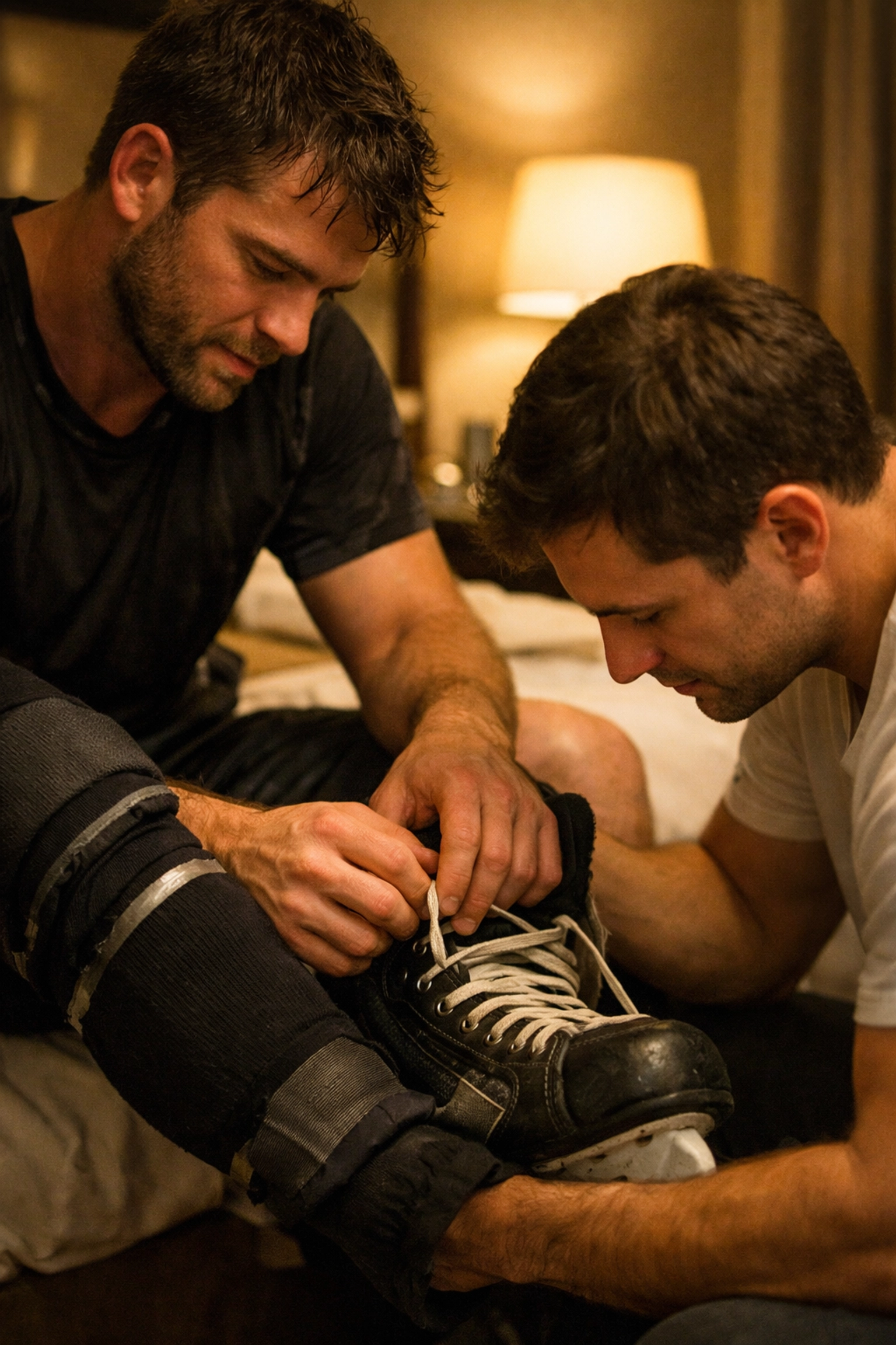 Tender moment of a man unlacing his partner's hockey skates, showing the emotional side of MM sports romance.