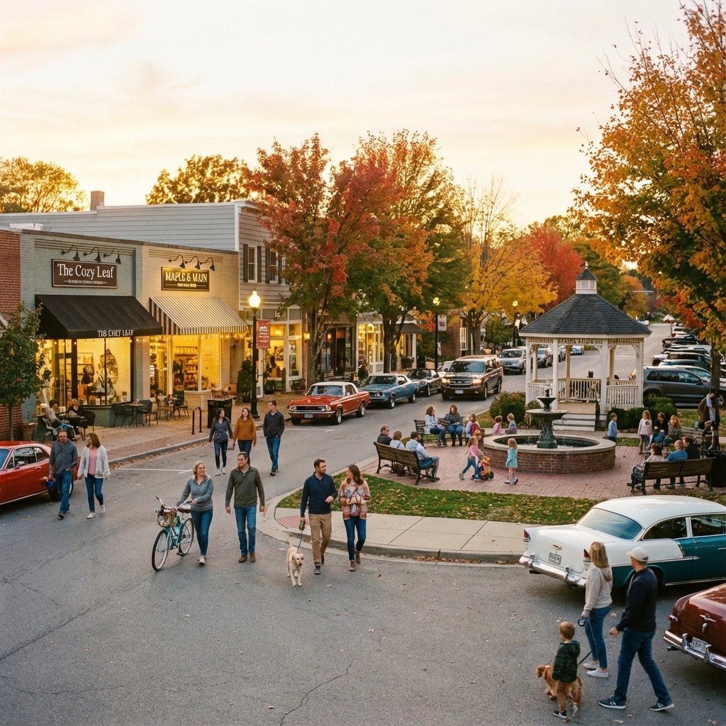 Vibrant Main Street in Moorestown, NJ, with people enjoying a community event or farmers market, reflecting its strong sense of community Vibrant Main Street in Moorestown, NJ, with people enjoying a community event or farmers market, reflecting its strong sense of community