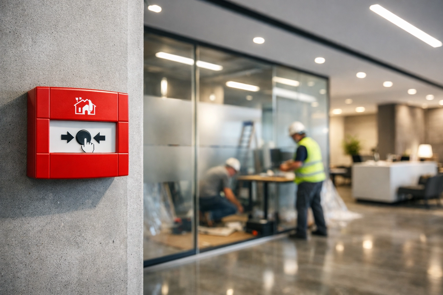 Red fire alarm call point on a pillar in a modern office, highlighting proactive building maintenance services.