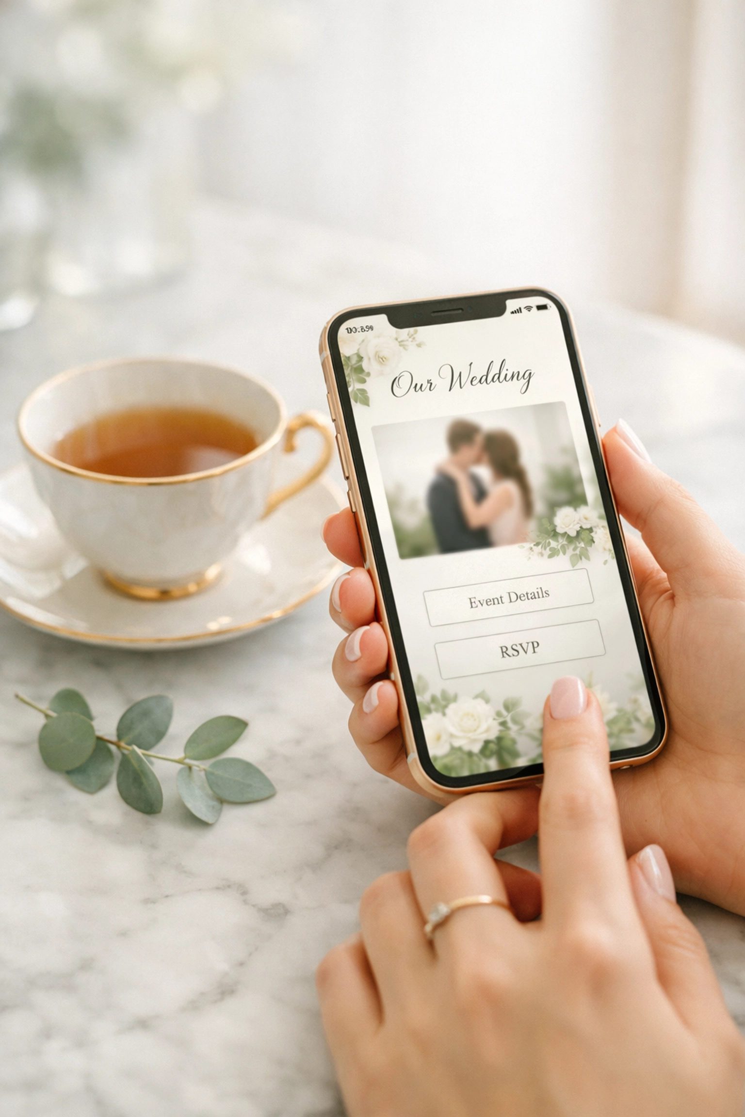 Guest using a smartphone to RSVP and contribute to a digital wedding fund on a mobile site.
