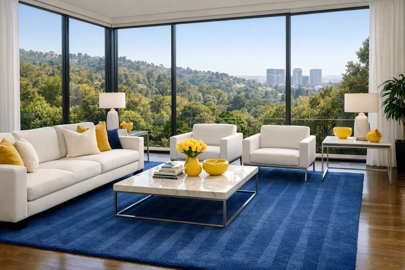 Expertly cleaned Westwood living room with vacuum lines on a plush rug from professional cleaners.