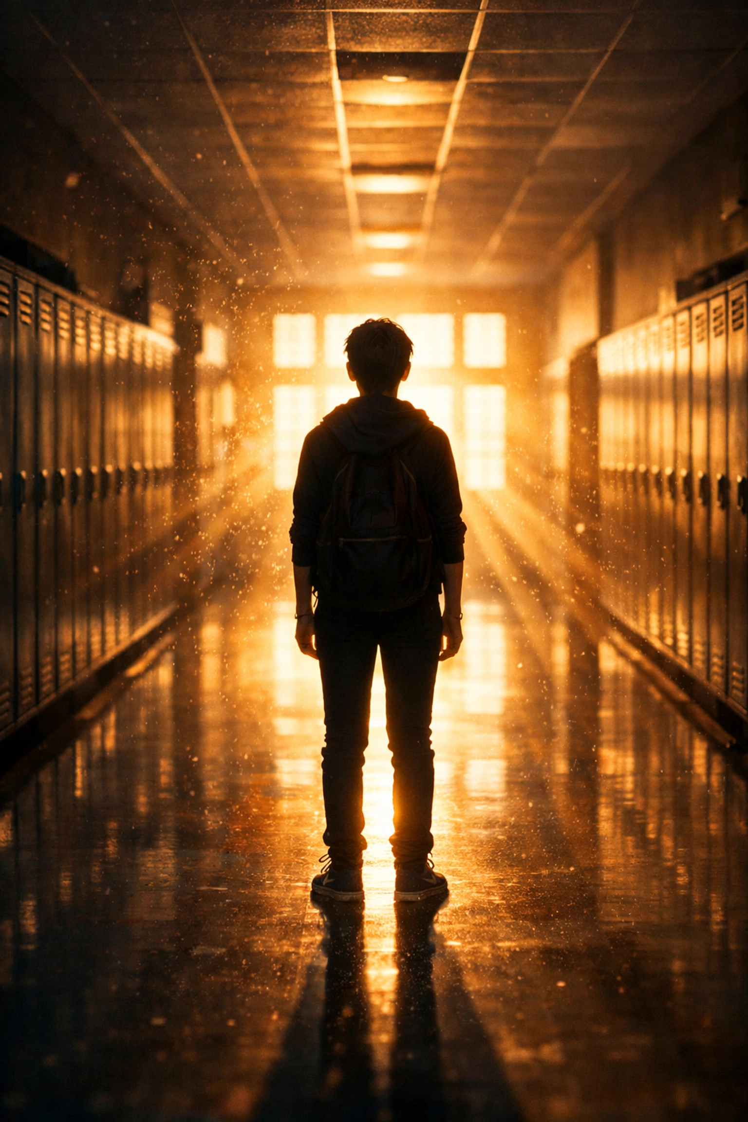 LGBTQ+ youth in school hallway symbolizing hope - gay literature self-acceptance and growth
