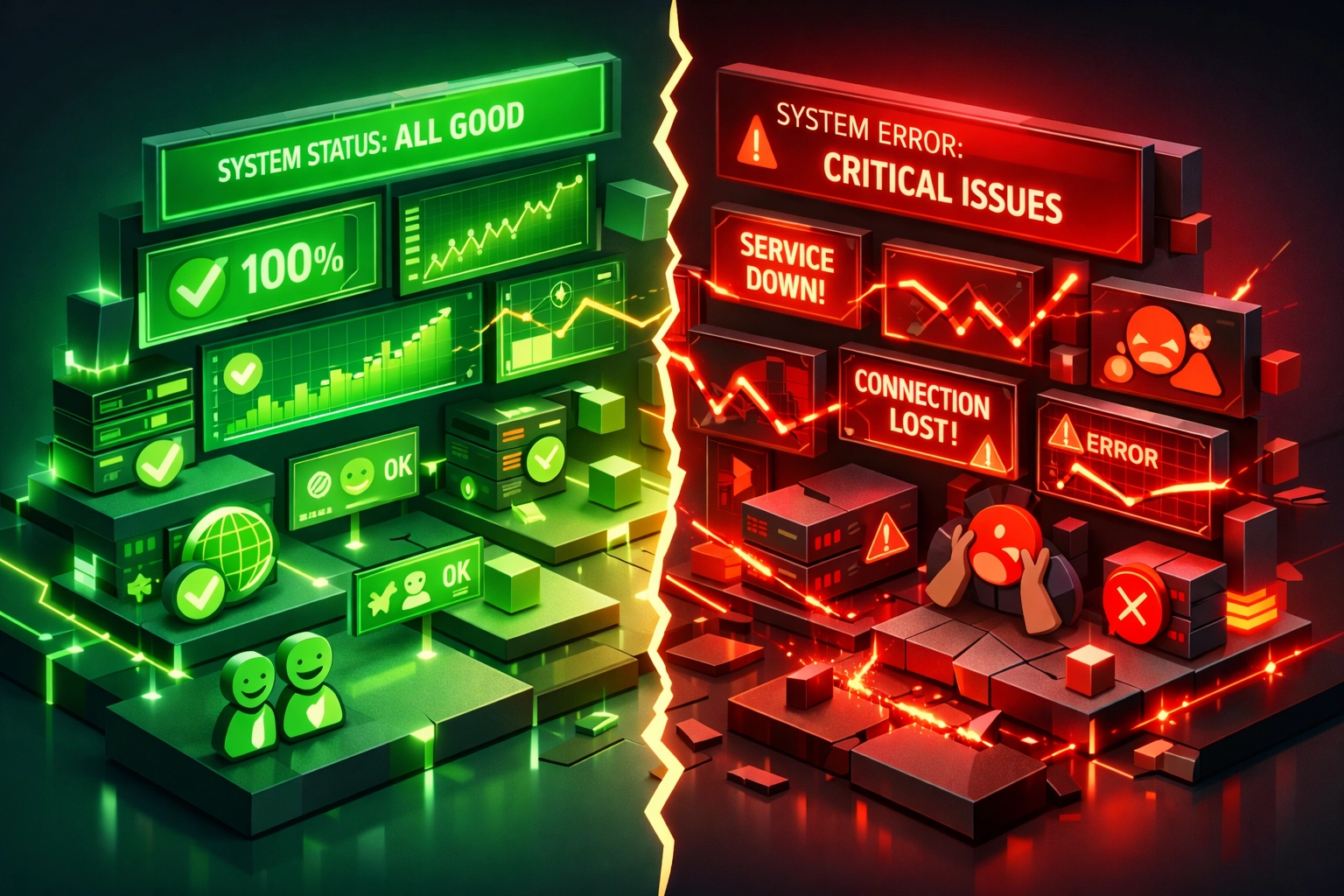 ServiceNow service health dashboard showing green status versus actual system failures and alerts