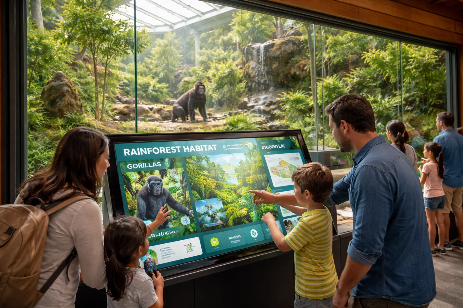 Families interact with a digital information display at a modern zoo, engaging with wildlife and conservation technology.