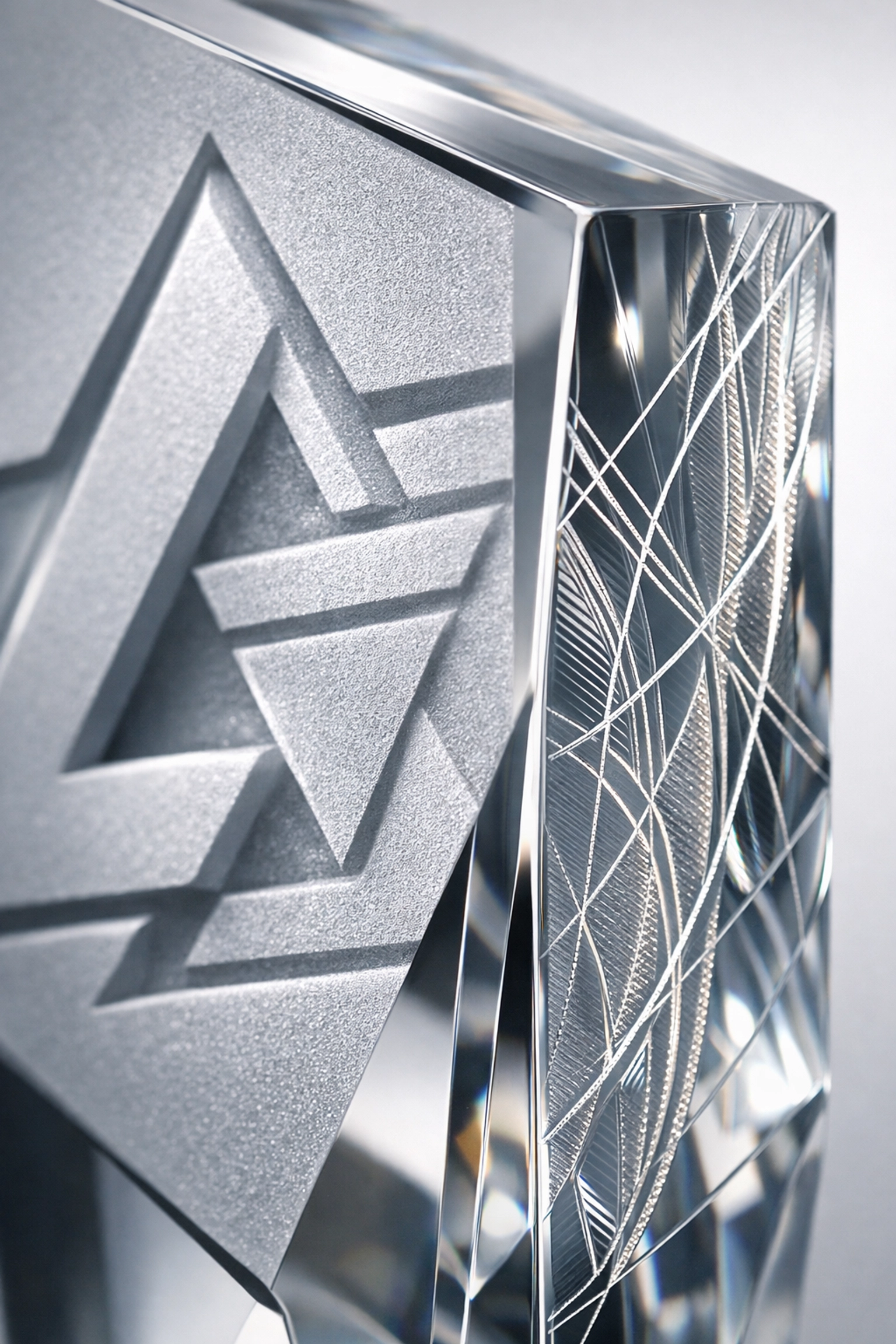 Close-up of a luxury crystal award featuring a mix of deep sandcarving and fine laser engraving.