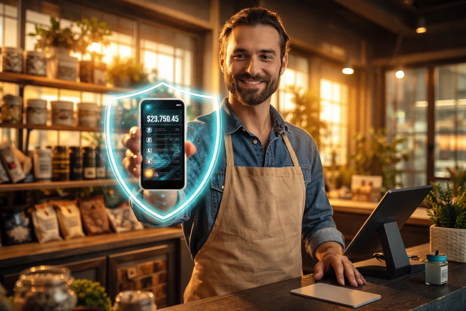 A small business owner behind a counter holds a smartphone with a crypto wallet, symbolizing secure Web3 payments and self-custody.