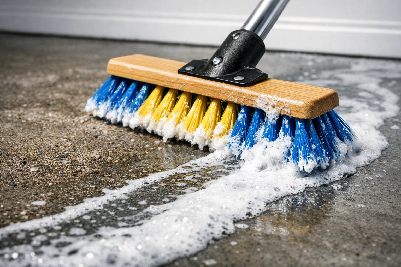 Scrubbing a concrete garage floor with a heavy-duty brush and soap suds to remove stains.