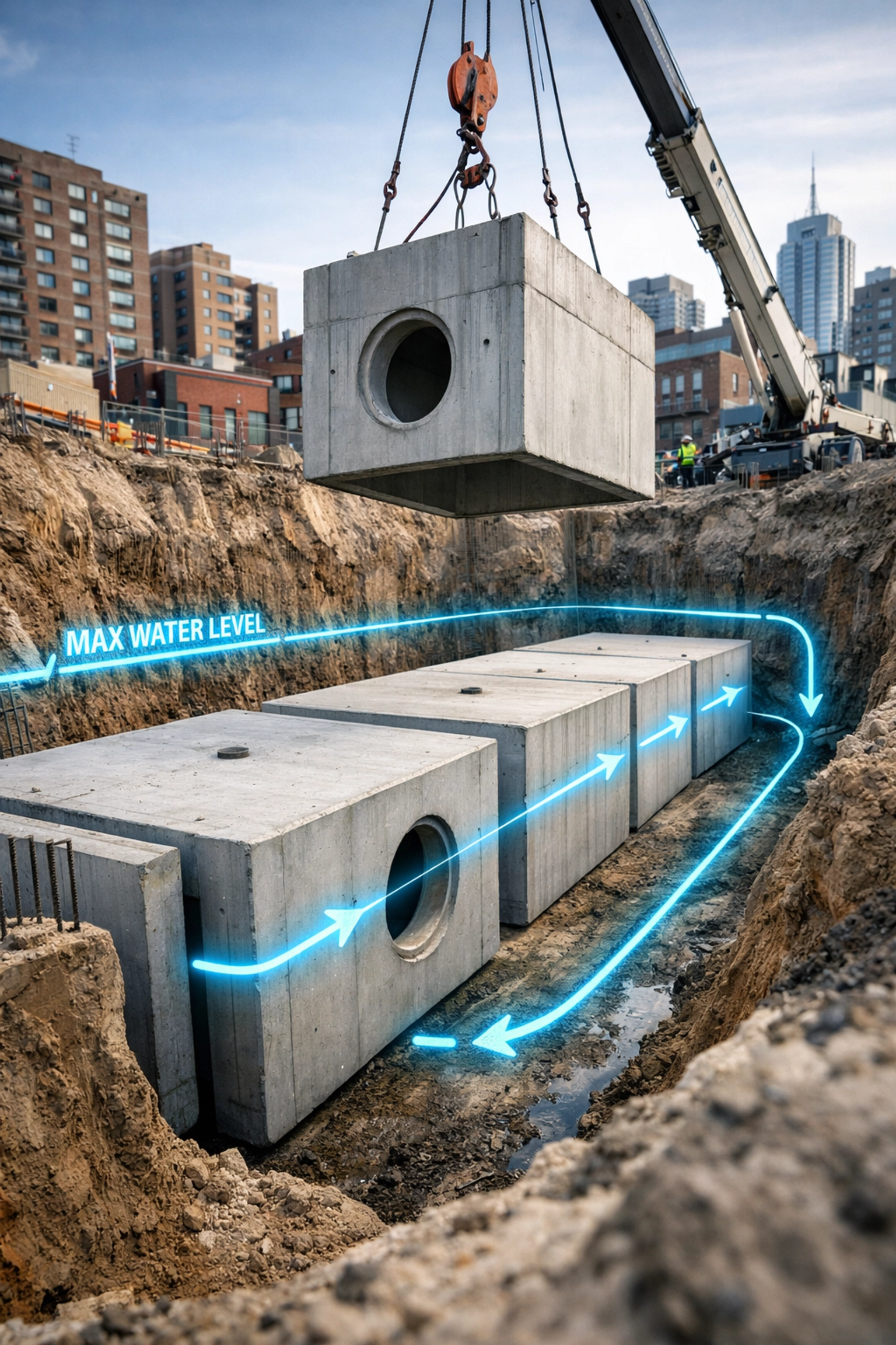 Large underground stormwater detention tank being installed at an urban construction site in Toronto.