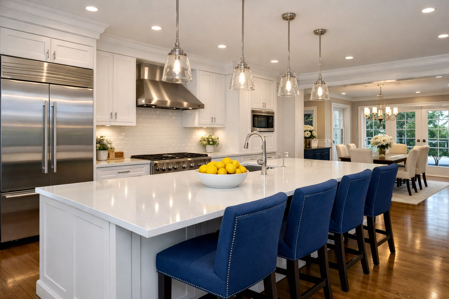 A spotless luxury kitchen featuring white quartz countertops after a professional house cleaning in Bedford.