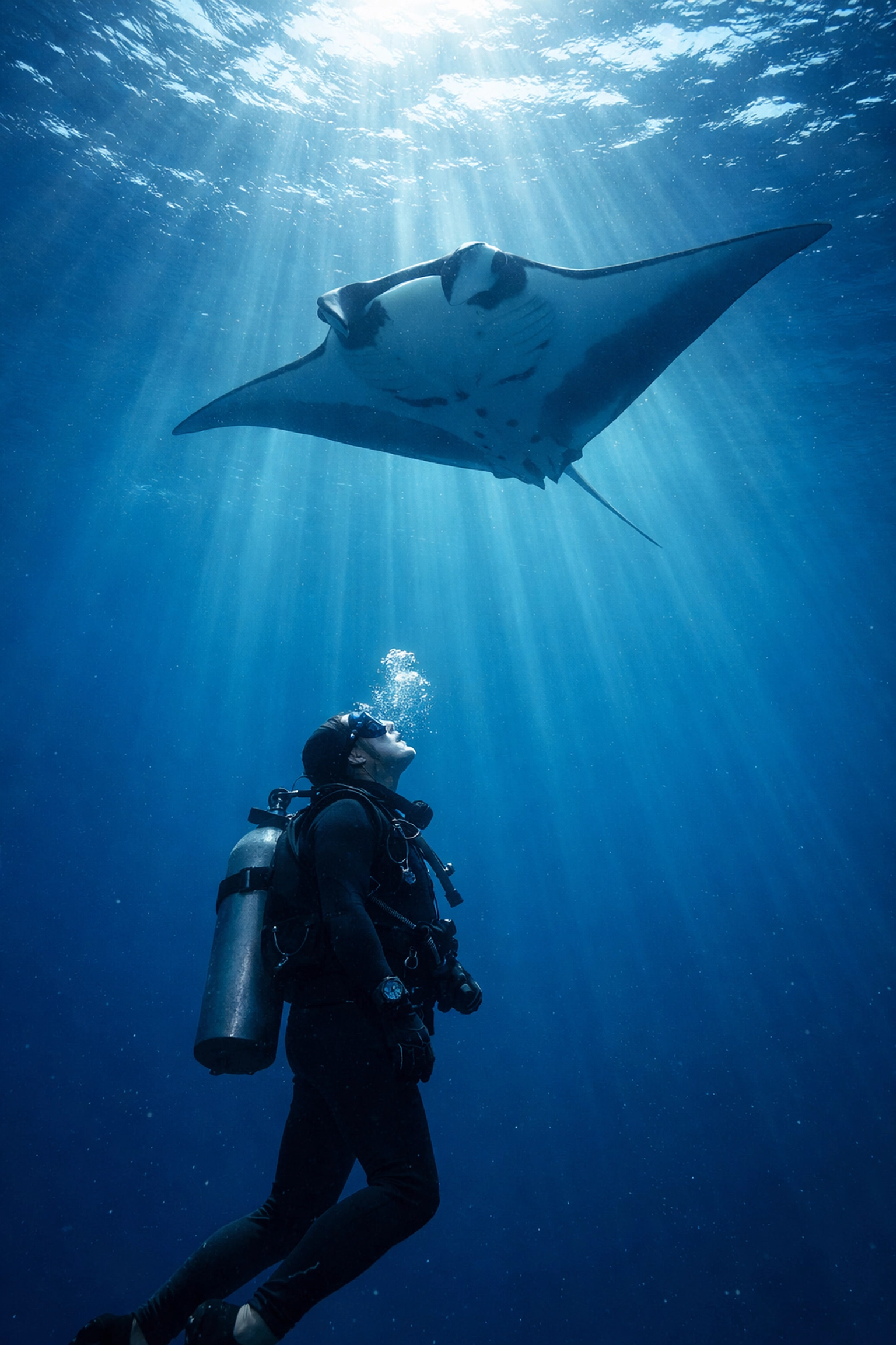 Scuba diver watching a giant oceanic manta ray glide through deep blue water at Socorro Islands.