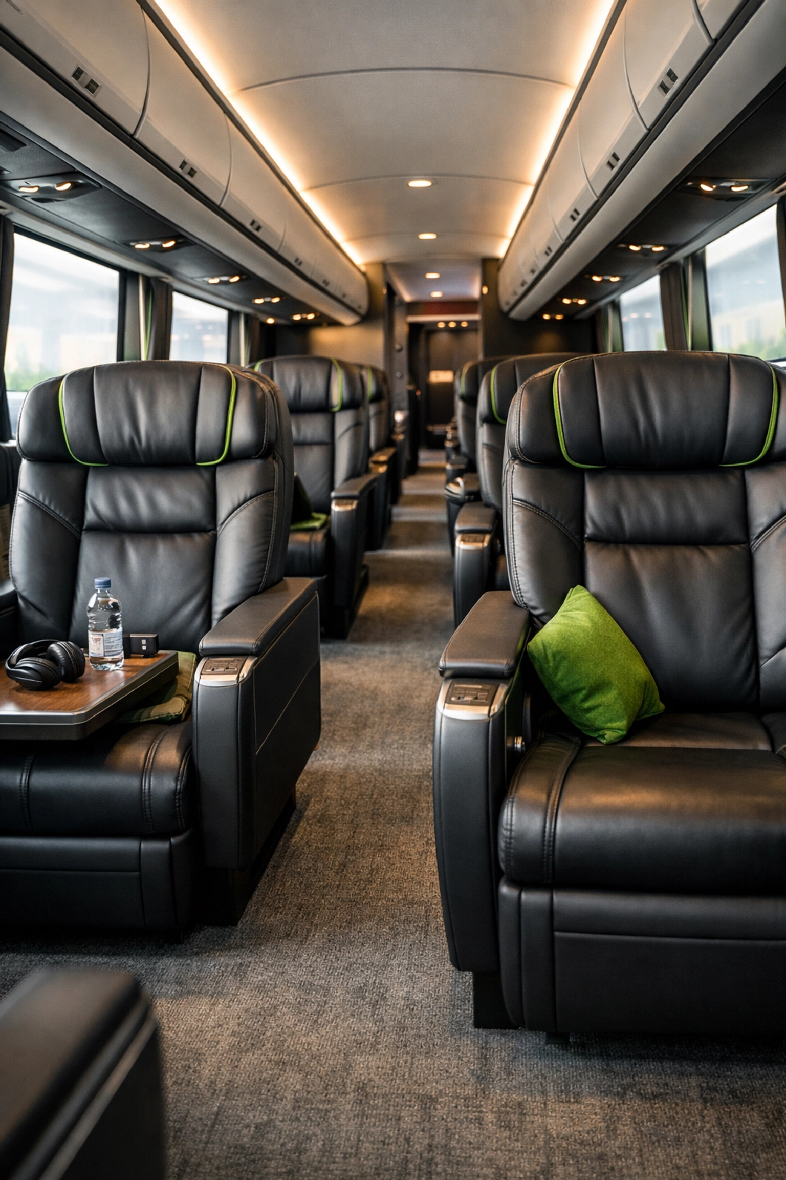 Premium coach interior with reclining seats for corporate transport