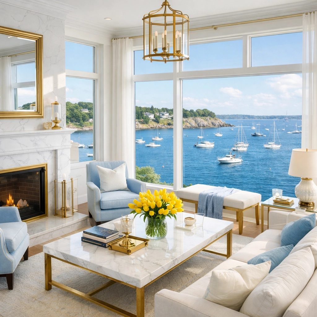 Clean coastal living room in Marblehead with sparkling marble and polished brass fixtures.