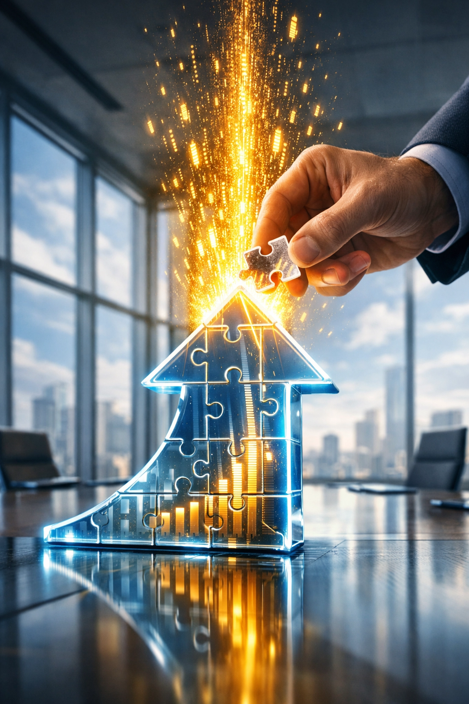 Business professional completing a growth puzzle symbolizing SEO services for small business scaling.