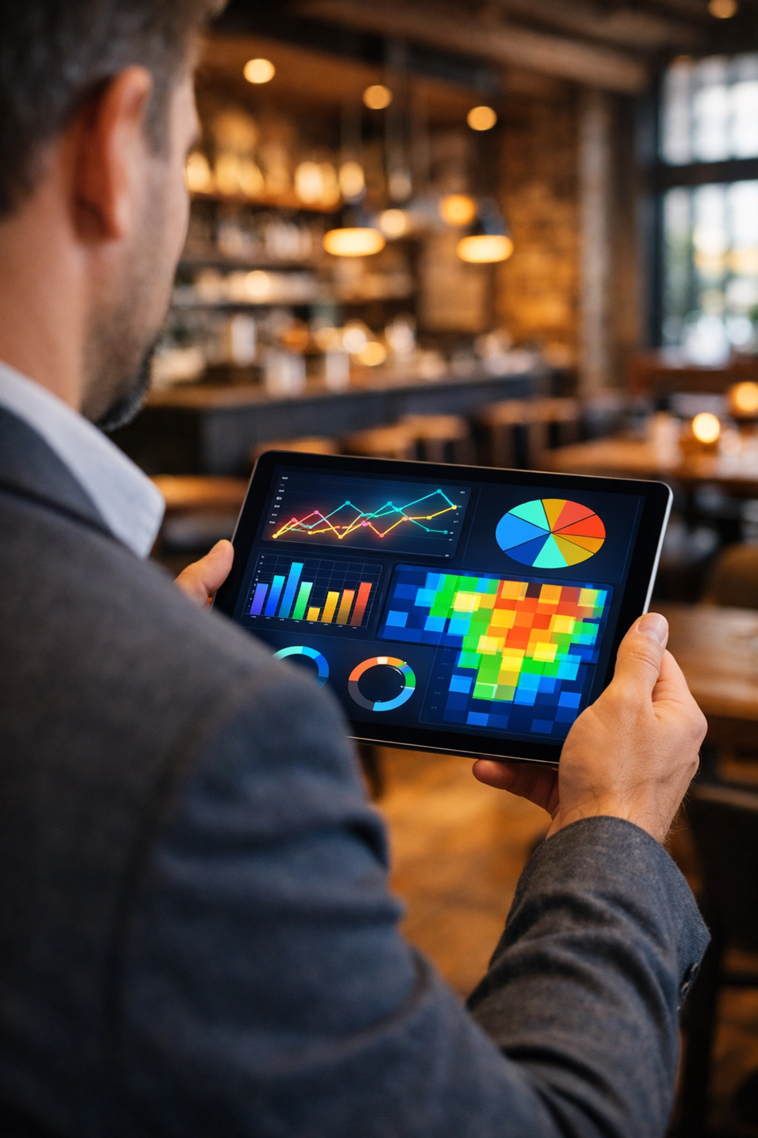 Restaurant owner reviewing unified data analytics on a tablet to drive business growth and maximize profits.