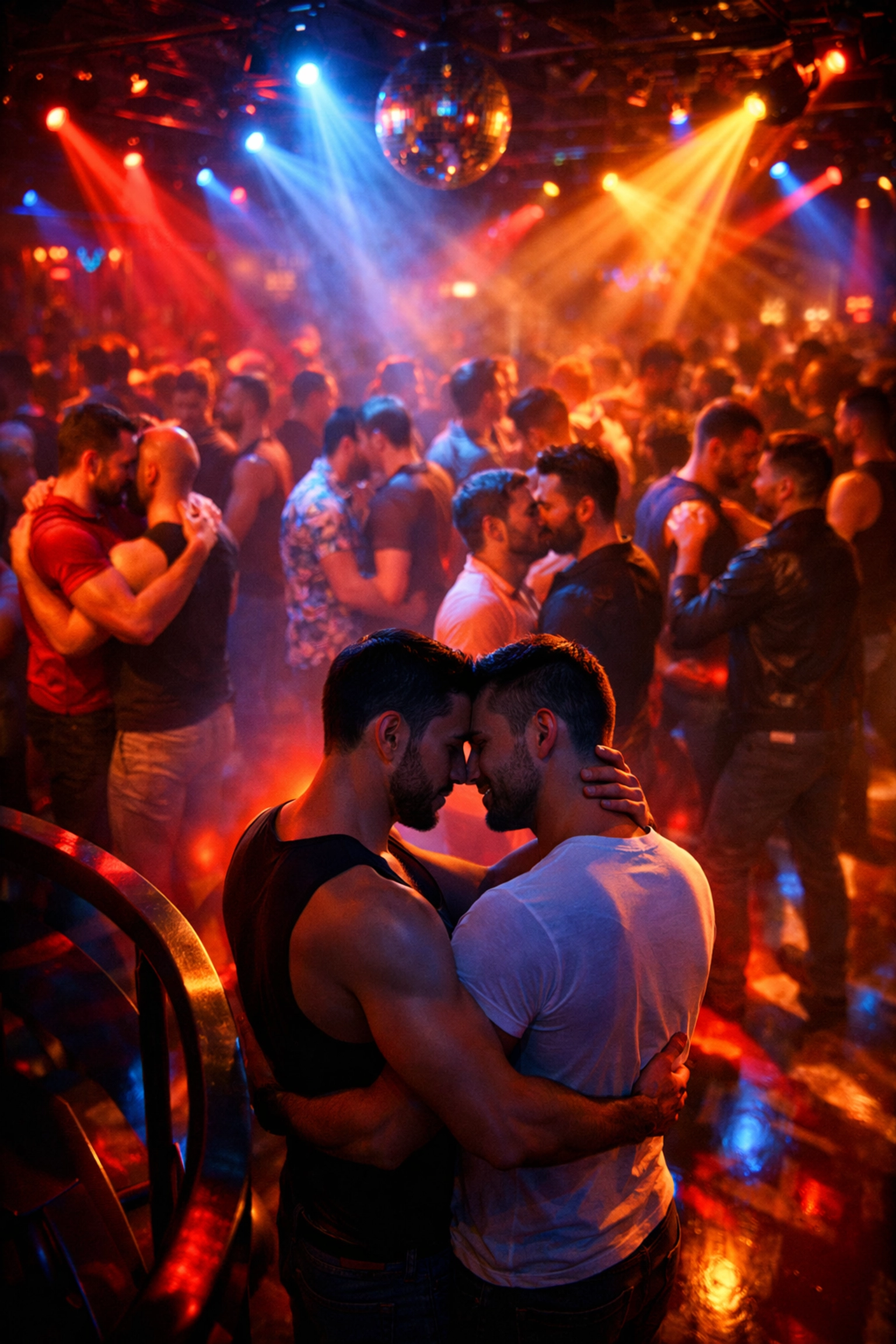 Male couples dancing together in vibrant LGBTQ+ nightclub, celebrating community and connection