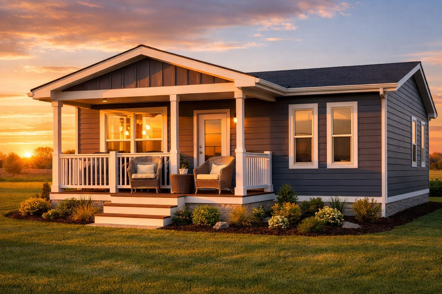 Exterior view of a brand-new contemporary manufactured home with high curb appeal at Piney Woods.