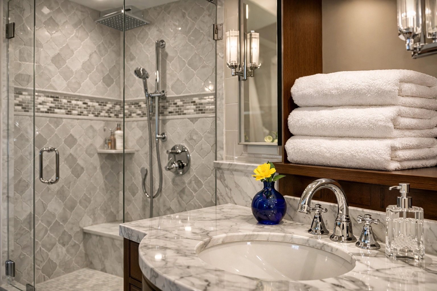 A glowing, deep cleaned master bathroom in Ashby MA showcasing high-end professional cleaning details.