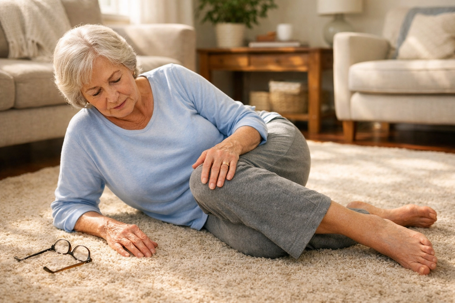 Senior woman lying on floor calmly assessing for injuries after a fall