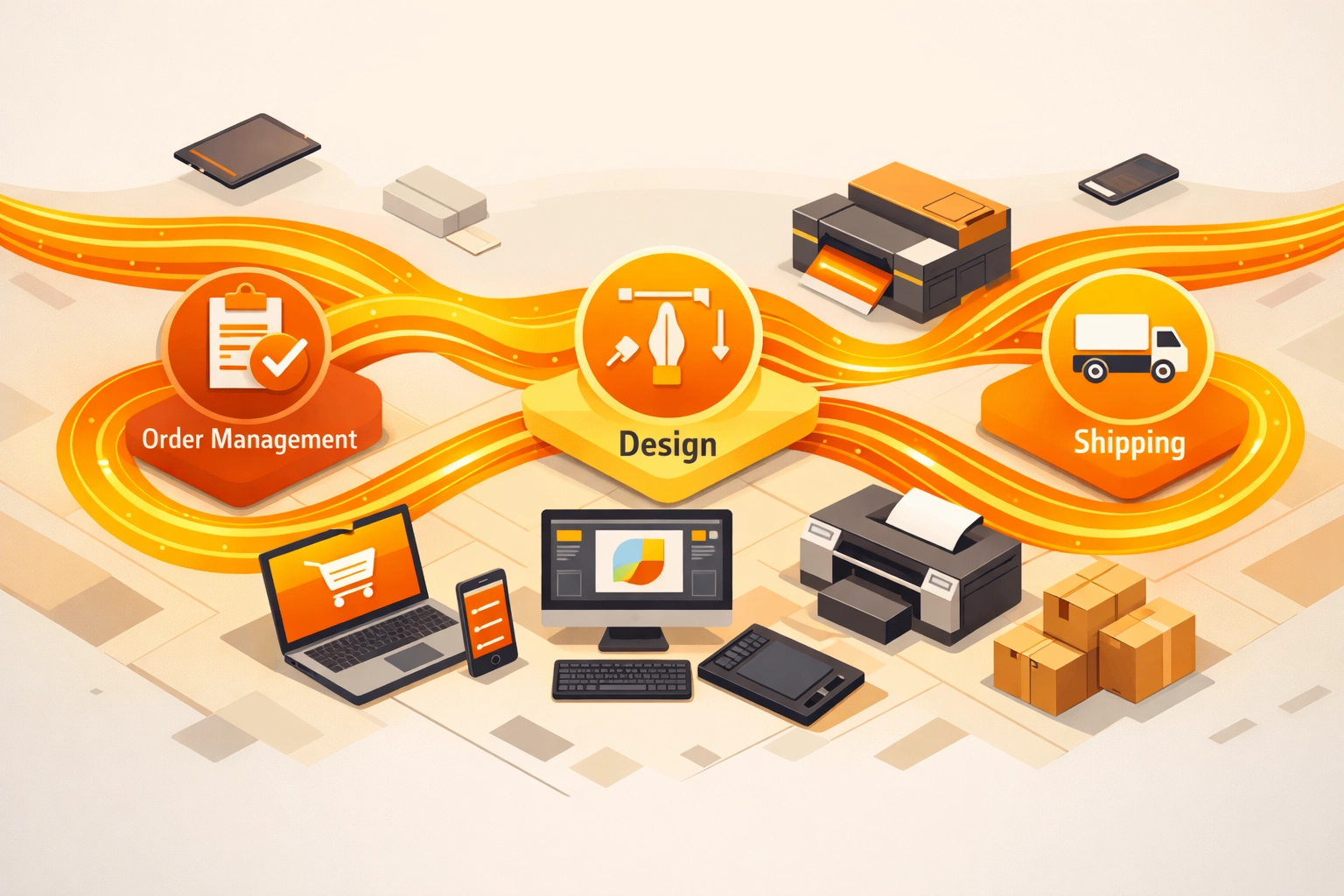 Integrated software workflow connecting print shop management systems and production equipment