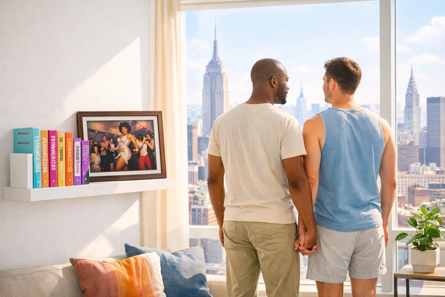 A diverse gay couple in a modern NYC apartment honoring the legacy of 1980s ballroom culture.