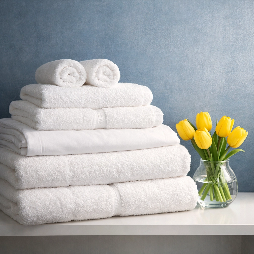 Freshly laundered white linens and towels for a Marshfield boutique cleaning service.