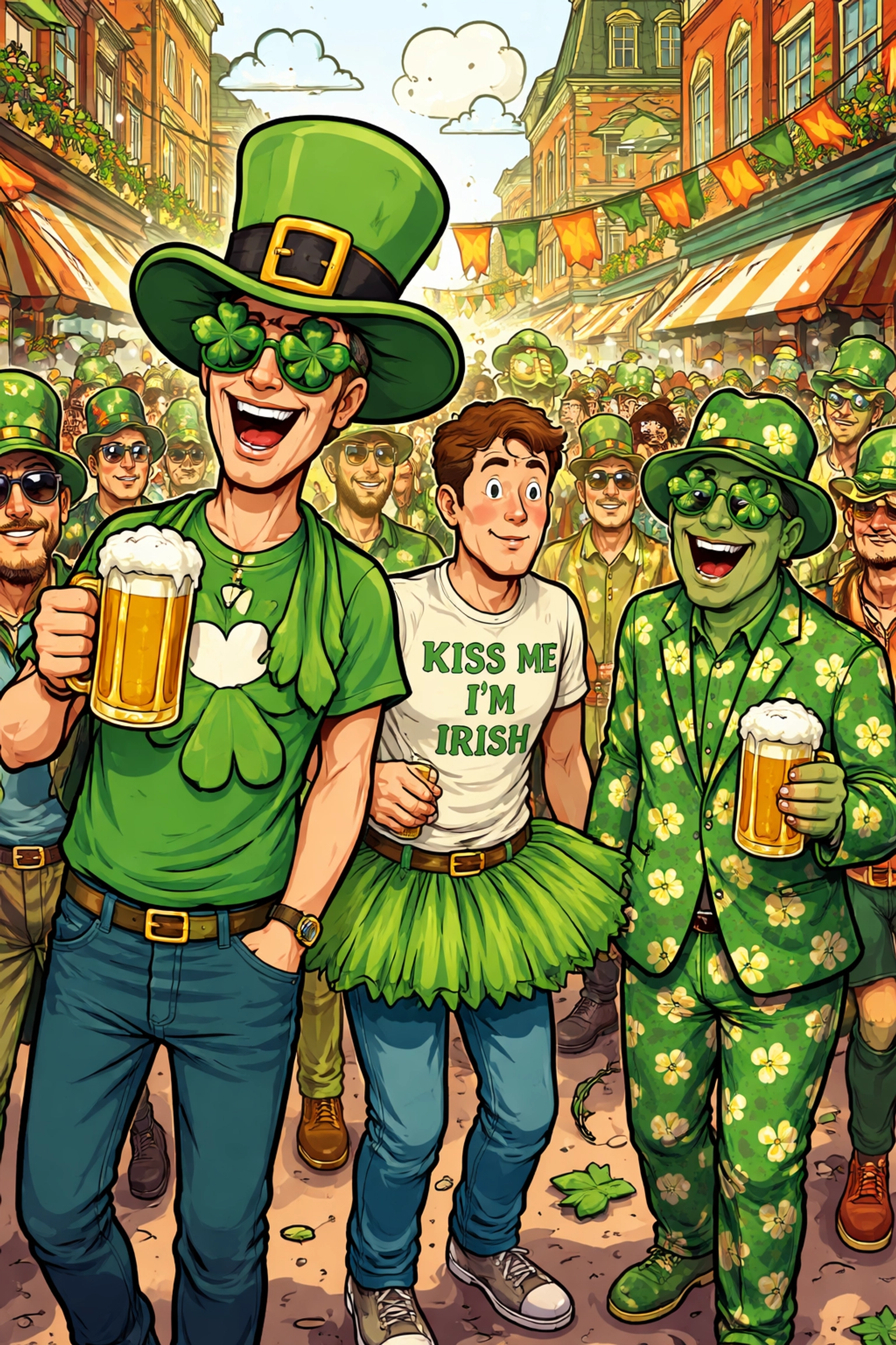 Cartoon crowd in outrageous green St. Patrick's Day outfits, highlighting fun fashion fails and festive humor.