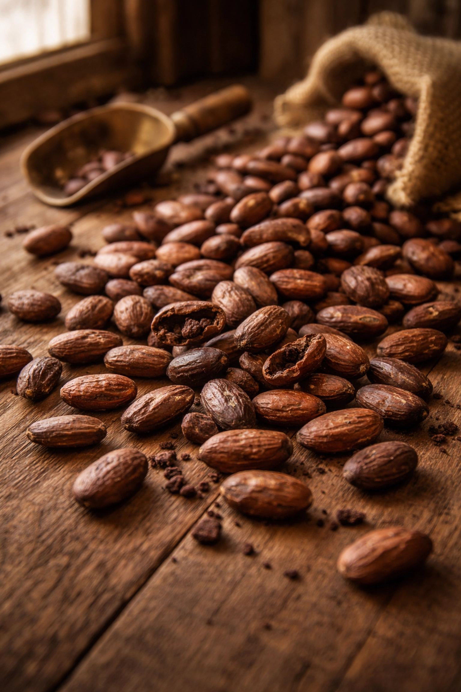Single-origin cacao beans in various shades on a rustic wood table, perfect for bean to bar chocolate making.