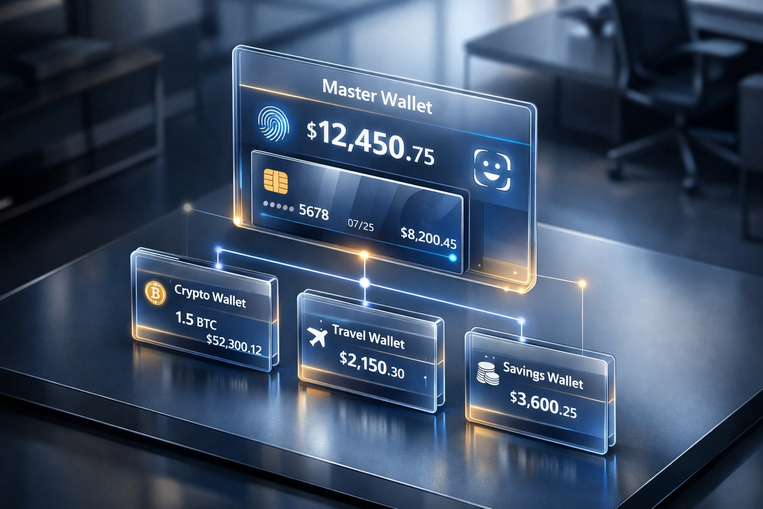Enterprise wallet dashboard showing master and sub-wallet management with security features