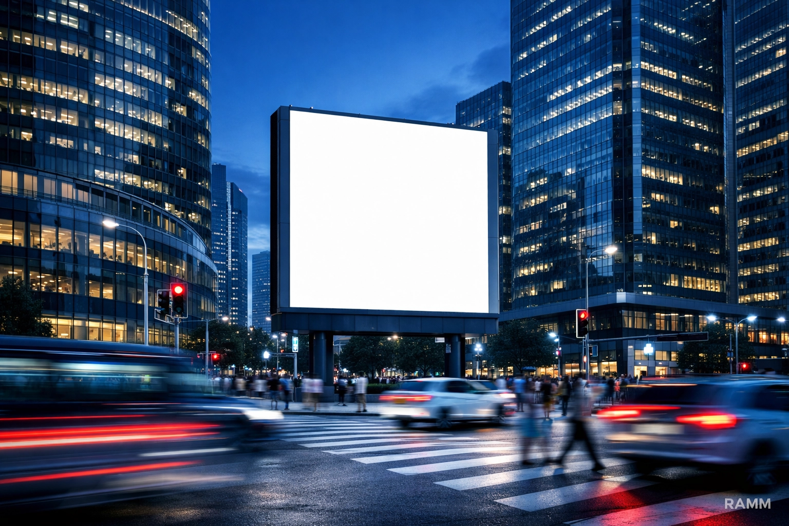 Large digital billboard at a busy city intersection highlighting hyper-targeted urban advertising and radius strategy.