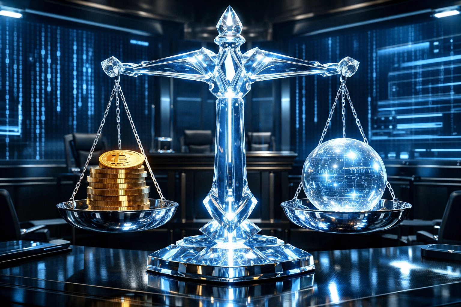 Digital asset scale representing the CLARITY Act and regulatory compliance for Larecoin crypto payments.